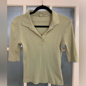 KOTN fitted ribbed half sleeve collared shirt - moss/ mint/ sage cotton